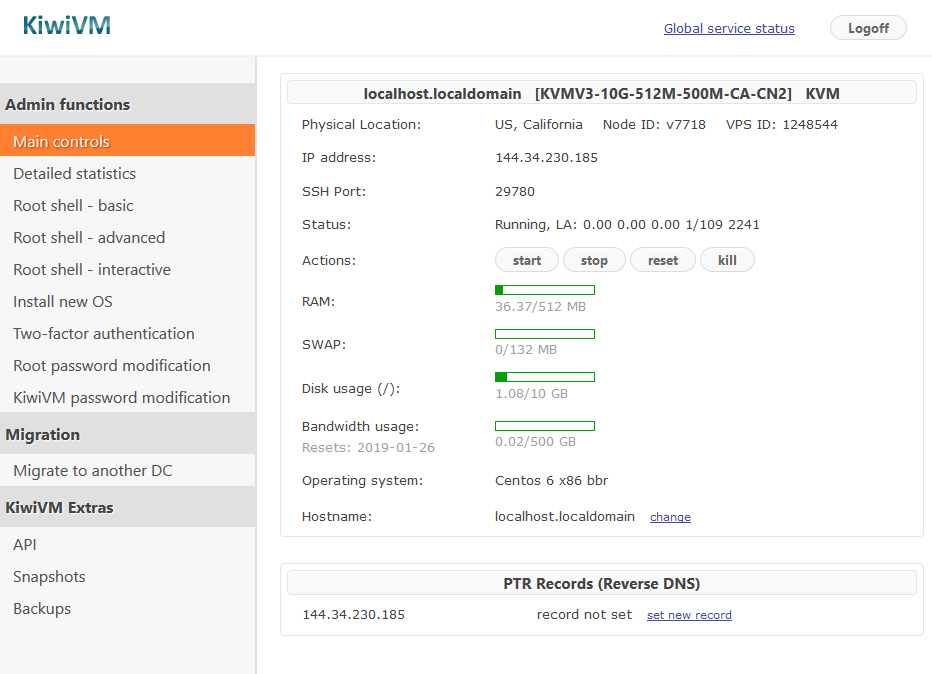 KiwiVM 主界面中的 IP address 和 SSH Port