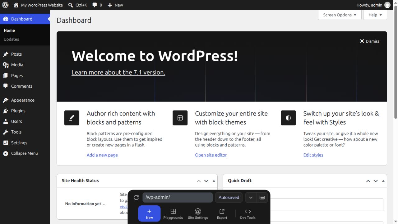 安装完成后进入 WordPress 仪表盘